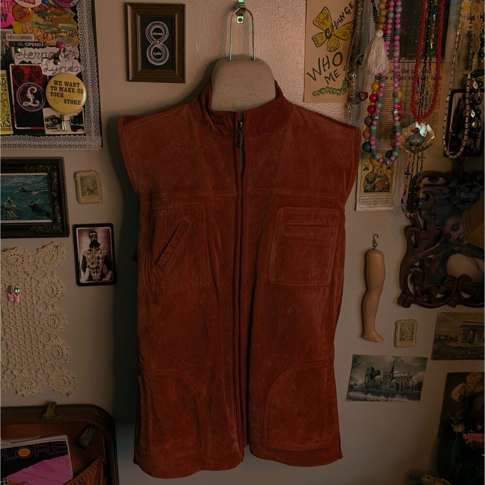 Leather Suede Zip Up Vest Women's Large Burnt Orange Sleeveless Pockets